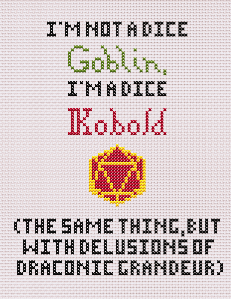 Preview of the included cross stitch pattern. It has black, green, and red text, and a gold-and-red d20 shape.